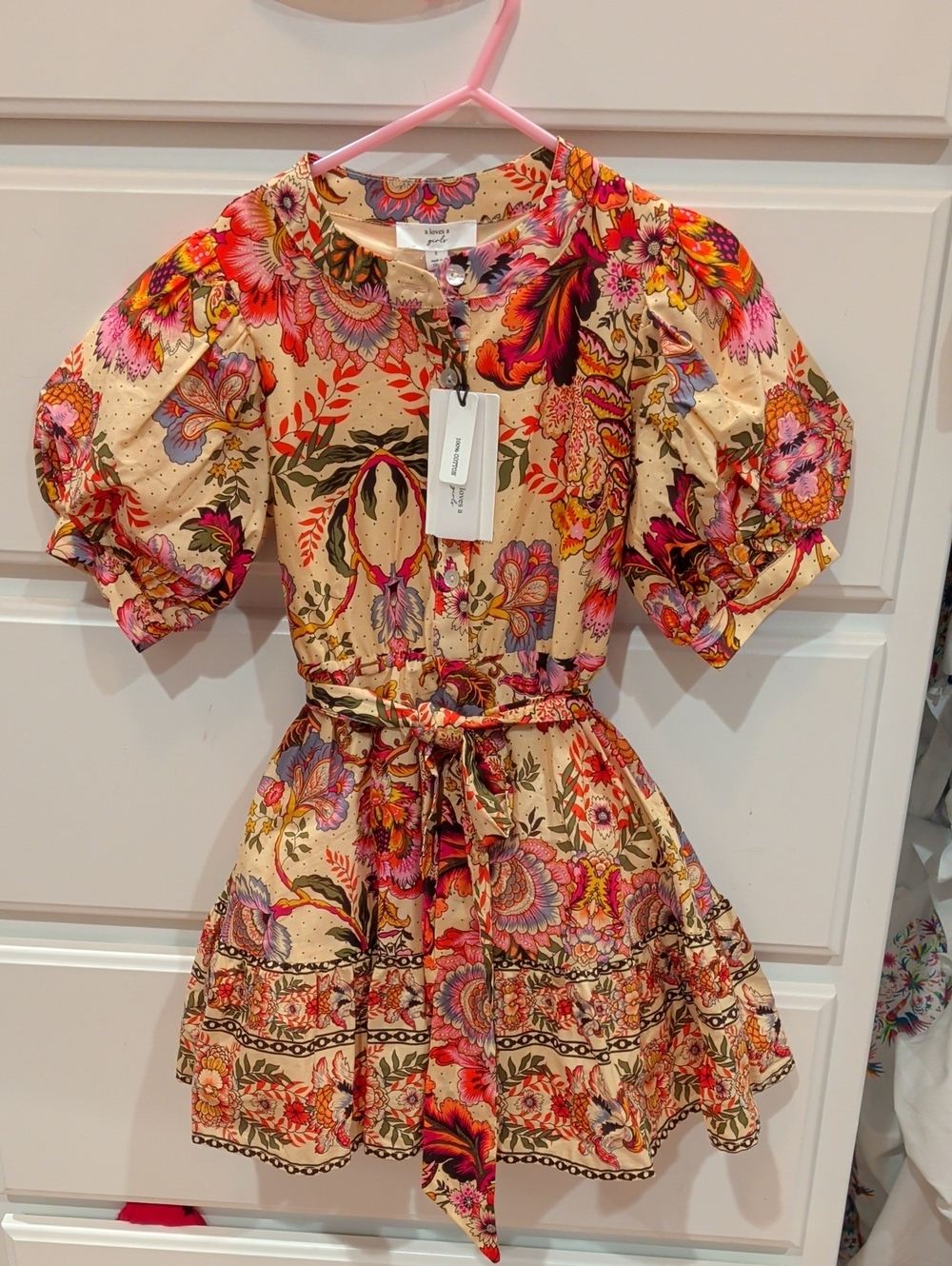 A Loves A Floral Crew Neck Mini Dress Tan & Multicolor Small NWT
